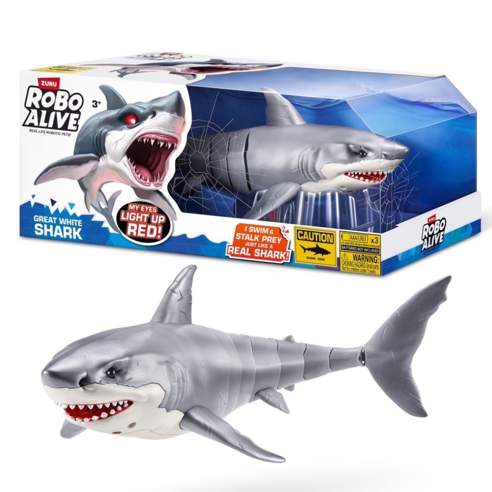 Zuru Robo Alive Great White Shark Robotic Toy Swims Light Up Eyes